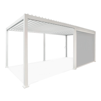 Biała pergola Gutroof z zamontowaną opuszczaną roletą Premium White 3m na czarnym tle