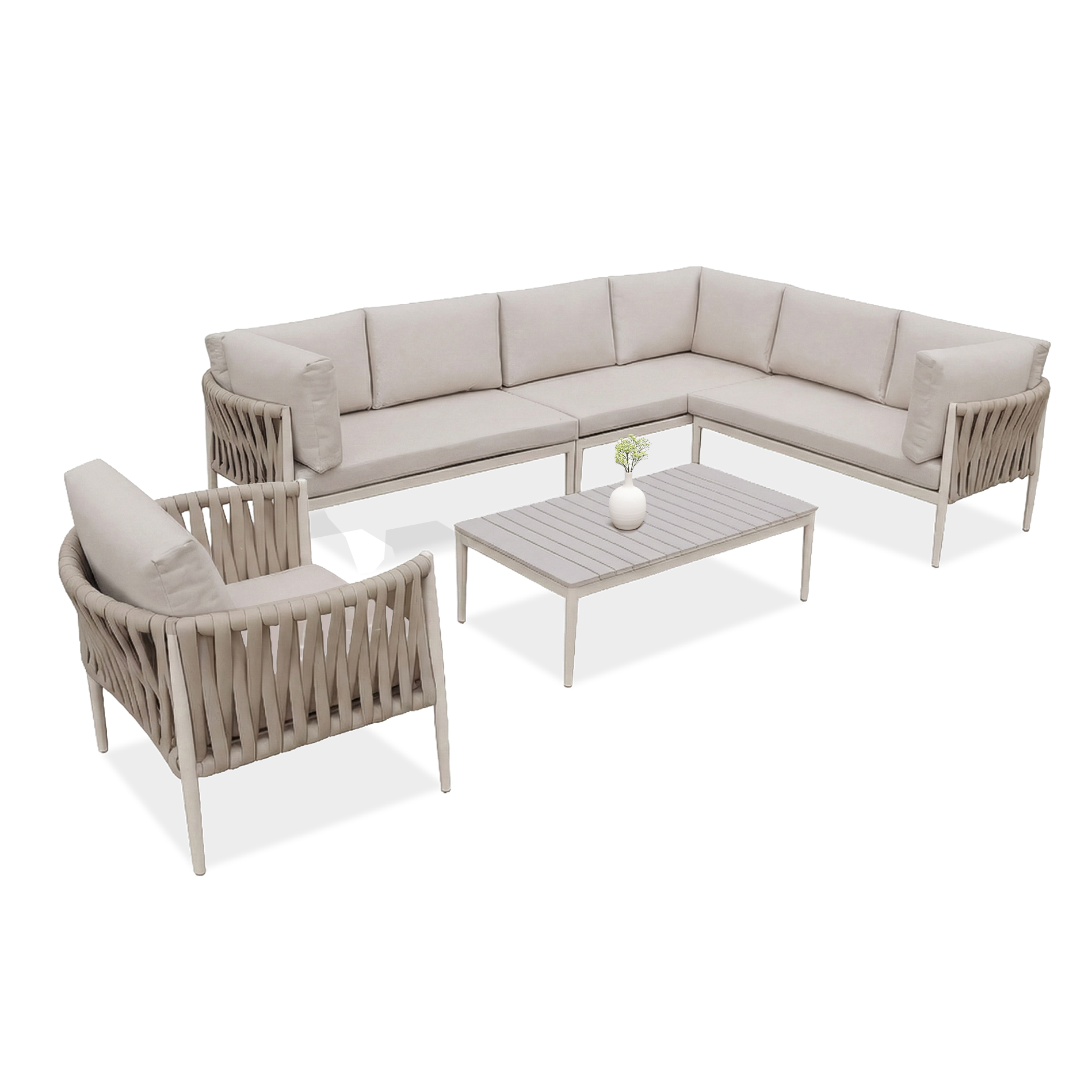 Narożnik wypoczynkowy aluminiowy MONZA Caffe z fotelem Beige oraz stolikiem kawowym na czarnym tle