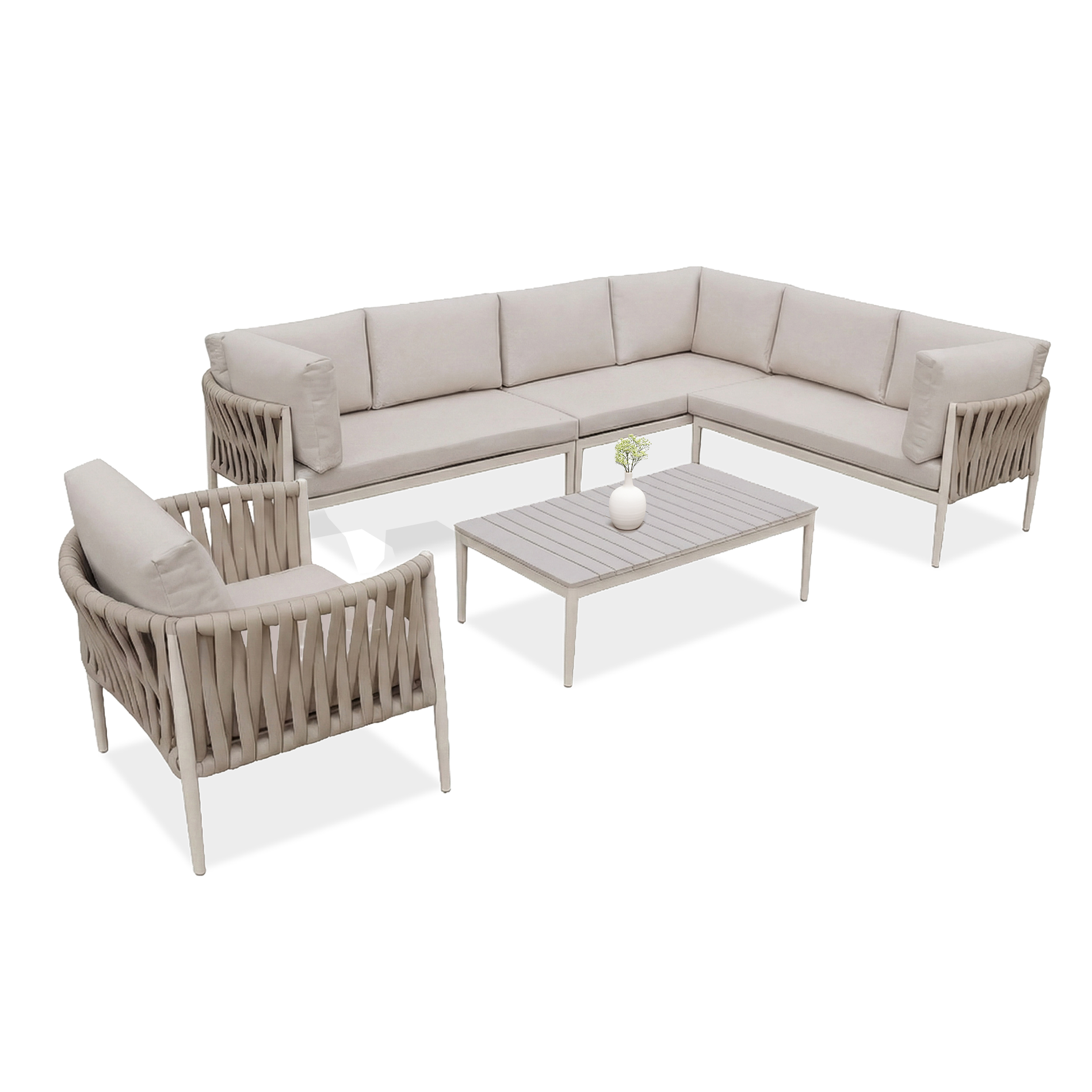 Narożnik wypoczynkowy aluminiowy MONZA Caffe z fotelem Beige oraz stolikiem kawowym na czarnym tle