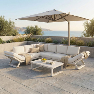 Narożnik ogrodowy TROFEO Hunter Beige Furrore w aranżacji tarasowej z parasolem