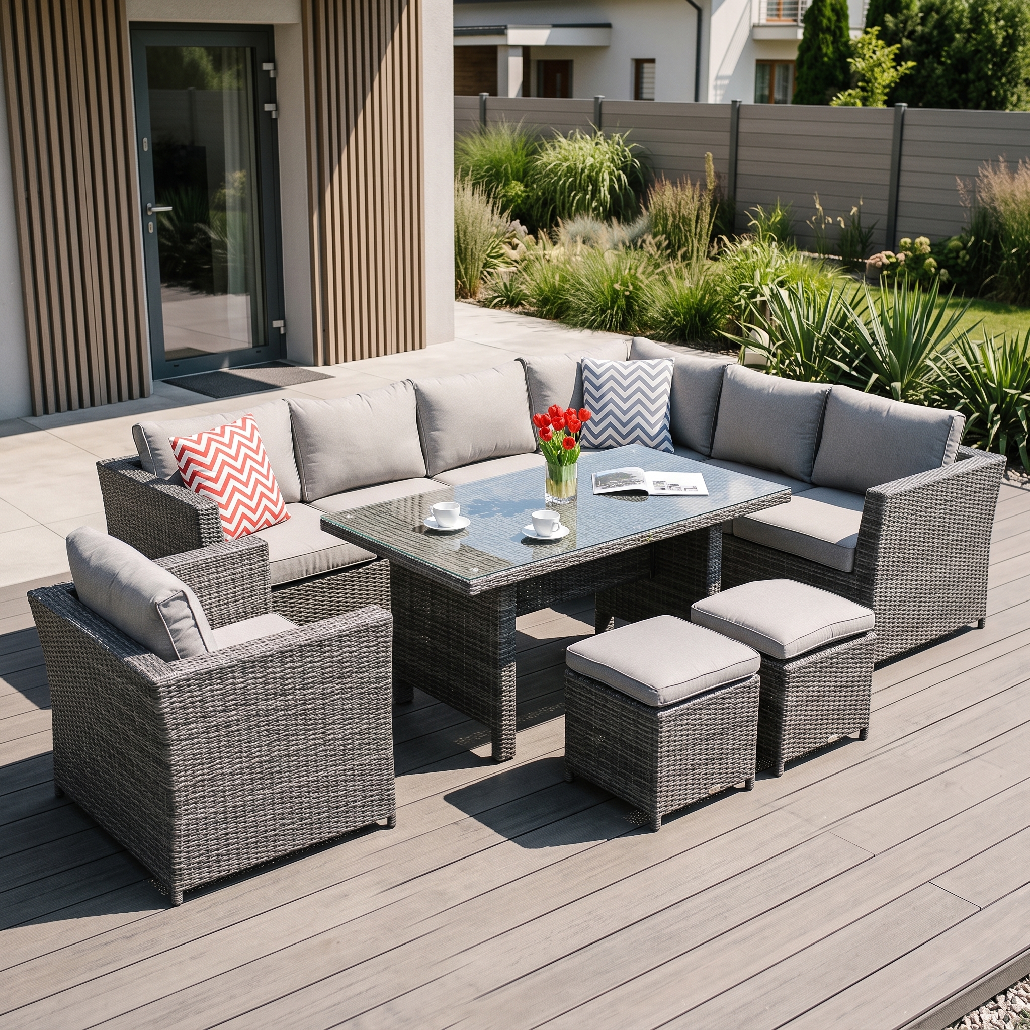 Narożnik technorattan MONIZ DINING PLUS Dark Grey — aranżacja