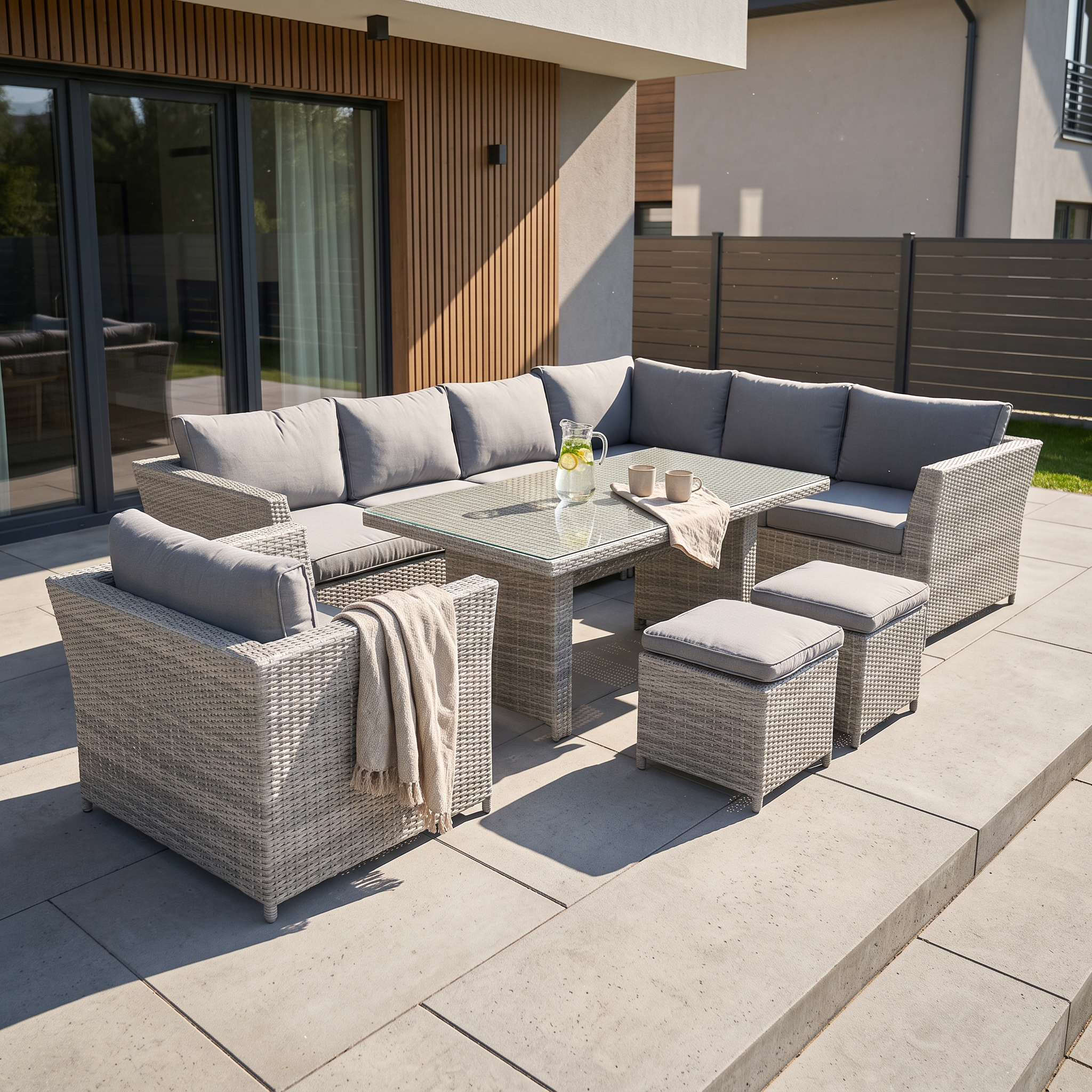 Narożnik technorattan MONIZ DINING PLUS Stone Grey — aranżacja