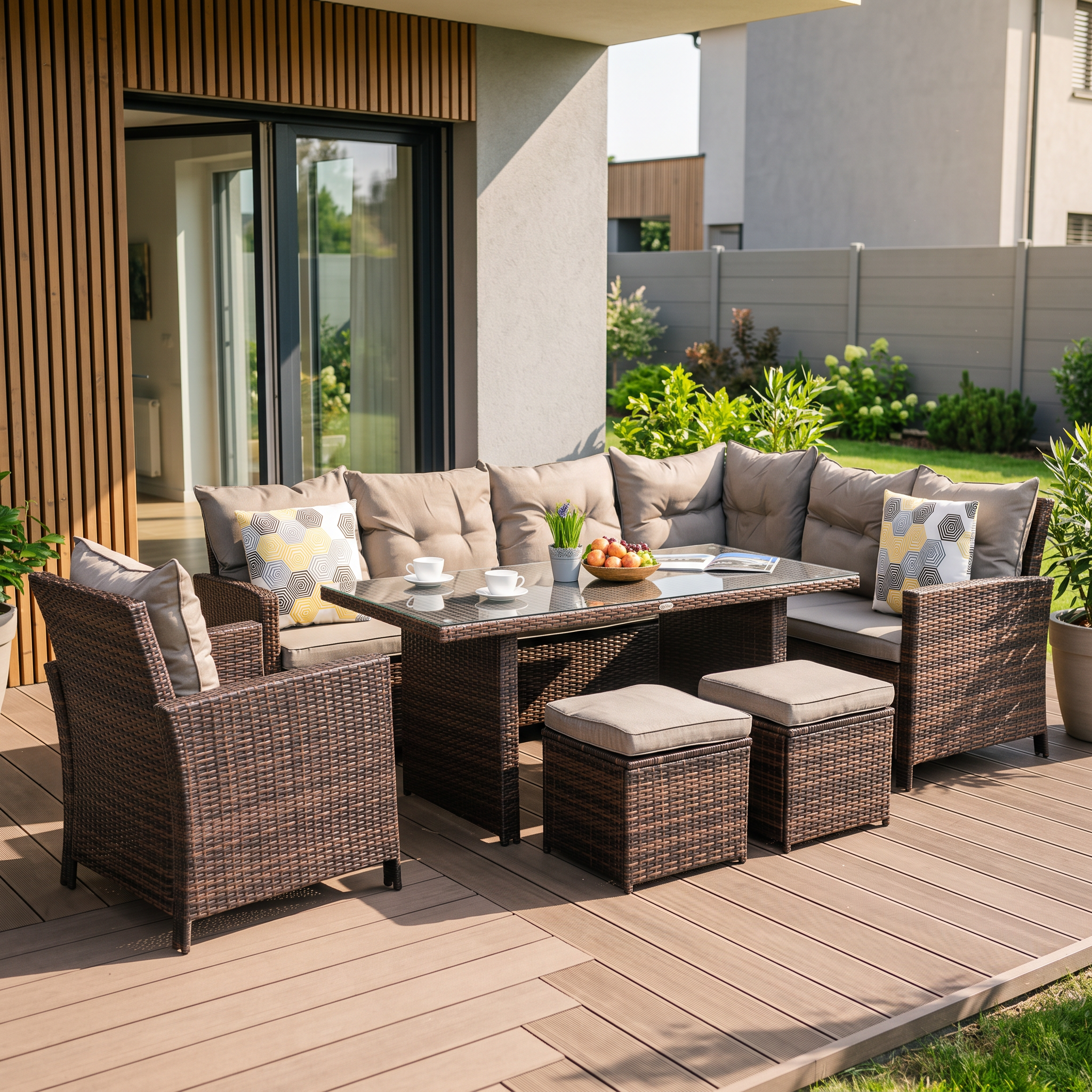 Narożnik z technorattanu IBIZA + FOTEL Brown — aranżacja