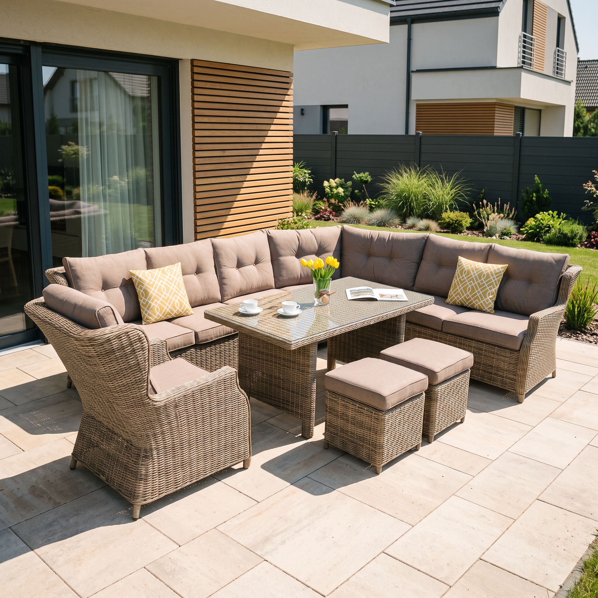 Narożnik z technorattanu TRIVENTO DINING Brown — aranżacja