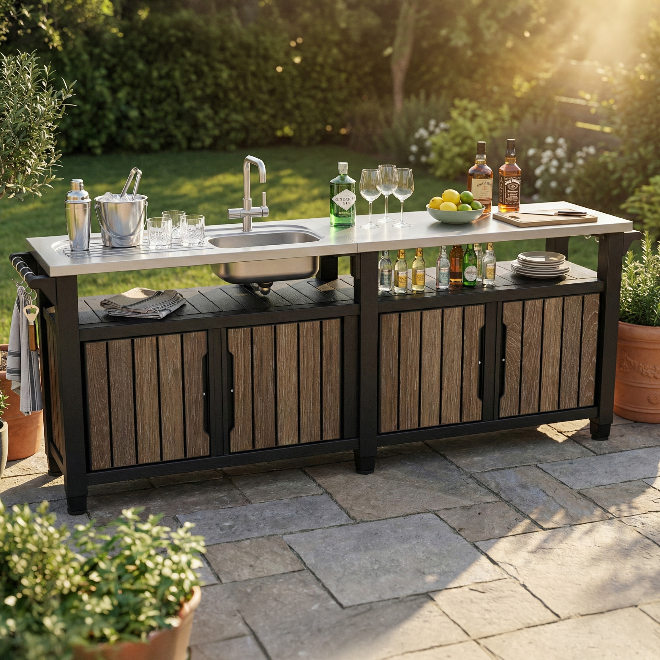 Nowoczesna kuchnia ogrodowa z blatem stalowym i miejscem do przechowywania na tarasie