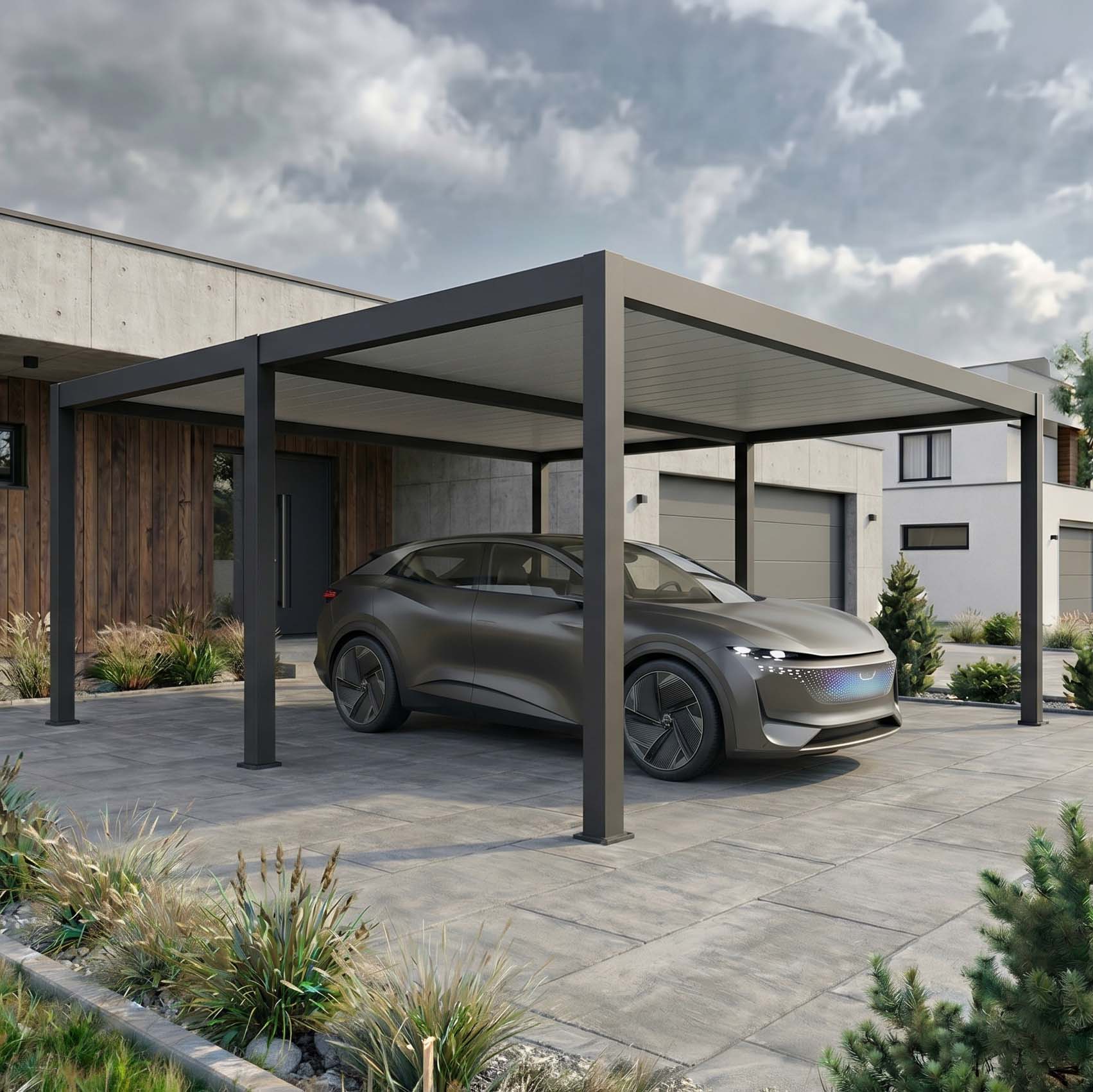 Nowoczesna pergola aluminiowa antracyt z meblami ogrodowymi na tarasie przy domu aranżacja
