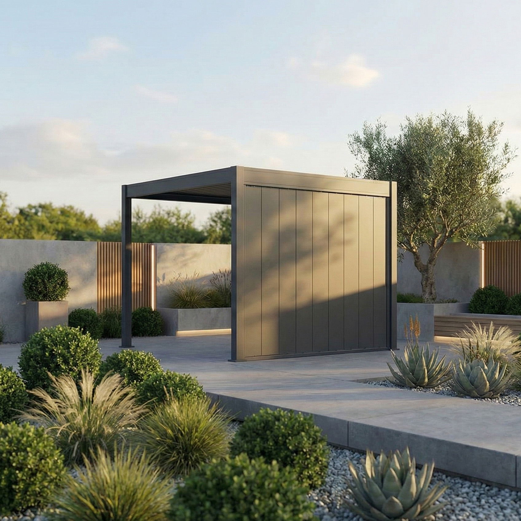 Nowoczesna pergola ogrodowa z zabudową boczną w minimalistycznej aranżacji ogrodu przydomowego