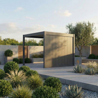 Nowoczesna pergola ogrodowa z zabudową boczną w minimalistycznej aranżacji ogrodu przydomowego