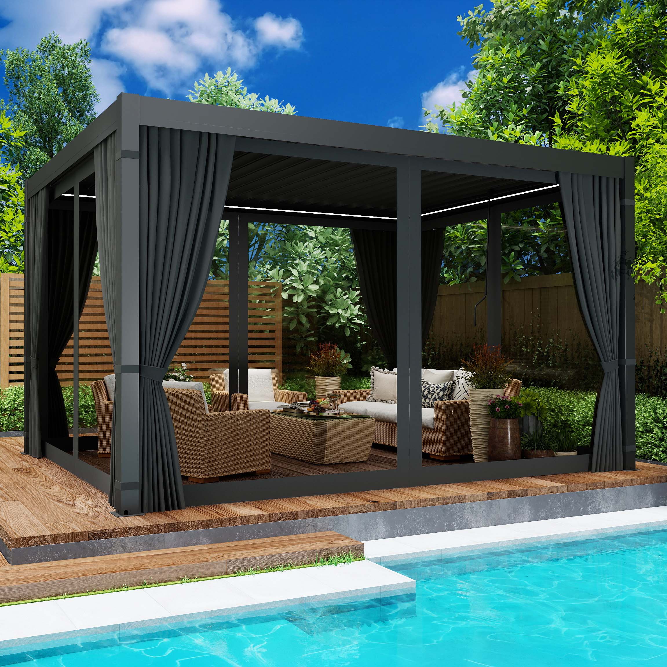 Nowoczesna pergola tarasowa z moskitierą i zasłonami bocznymi strefa wypoczynku w ogrodzie
