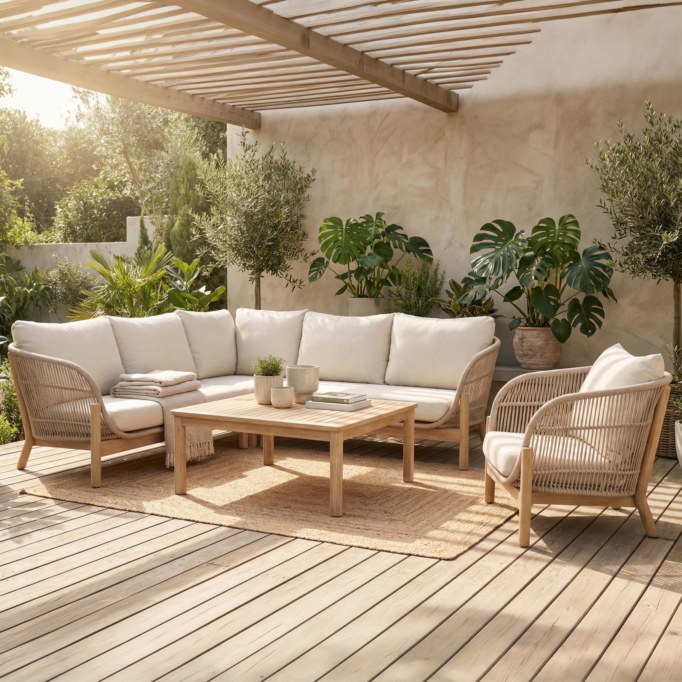 Nowoczesny zestaw mebli ogrodowych narożny z jasnego drewna i plecionki ze stolikiem kawowym w aranżacji tarasu

