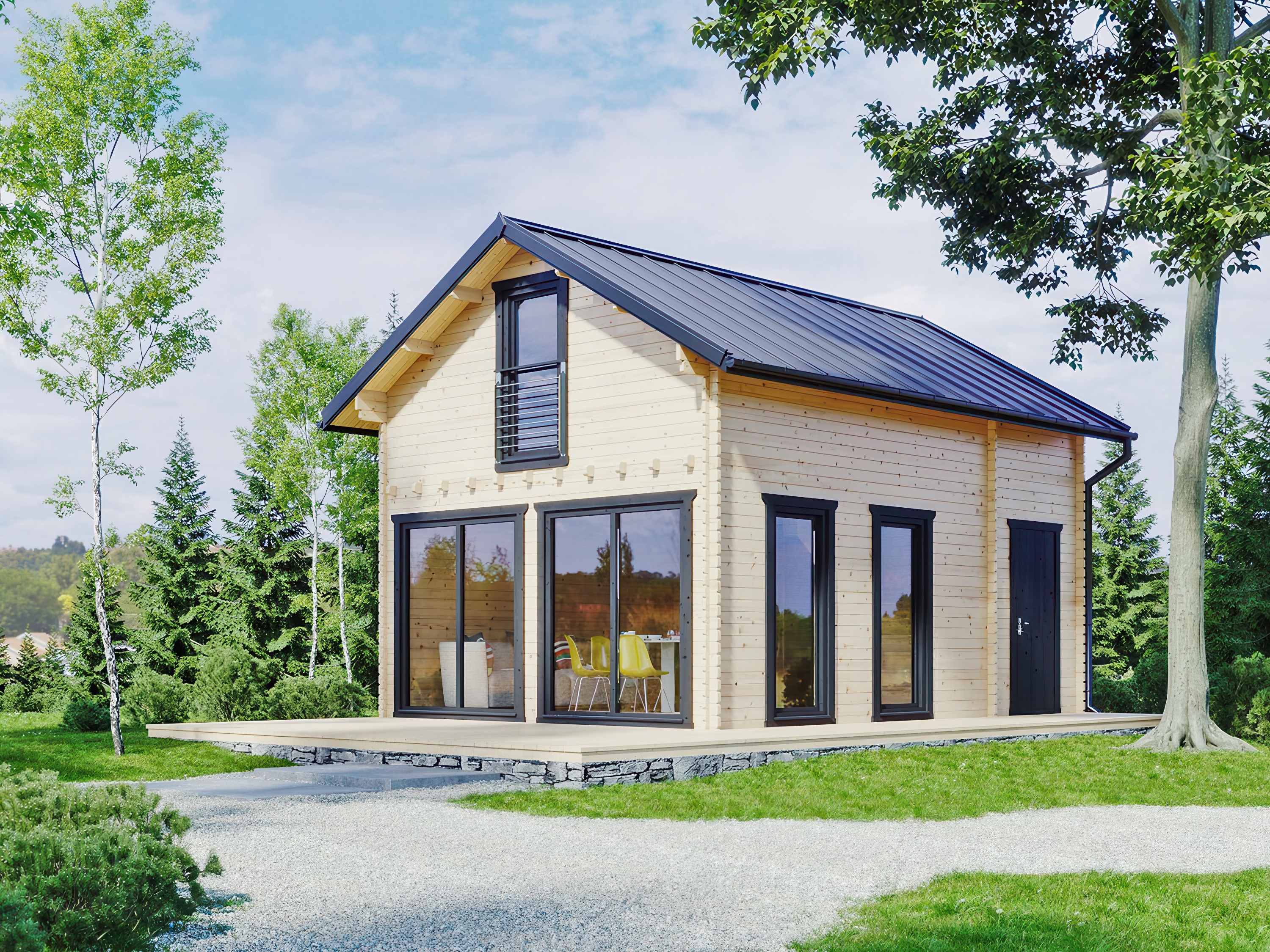 Aranżacja w lesie nowoczesnego drewnianego piętrowego domku freya