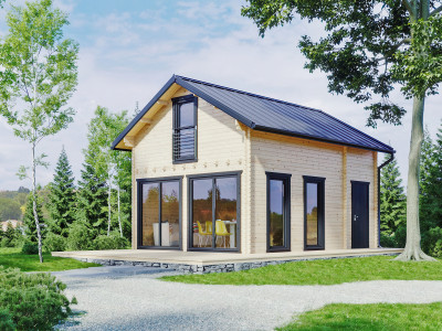 Aranżacja w lesie nowoczesnego drewnianego piętrowego domku freya