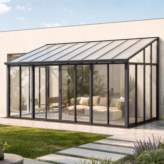 Ogród zimowy ASTON 552x305 cm Cold Grey przy nowoczesnym domu