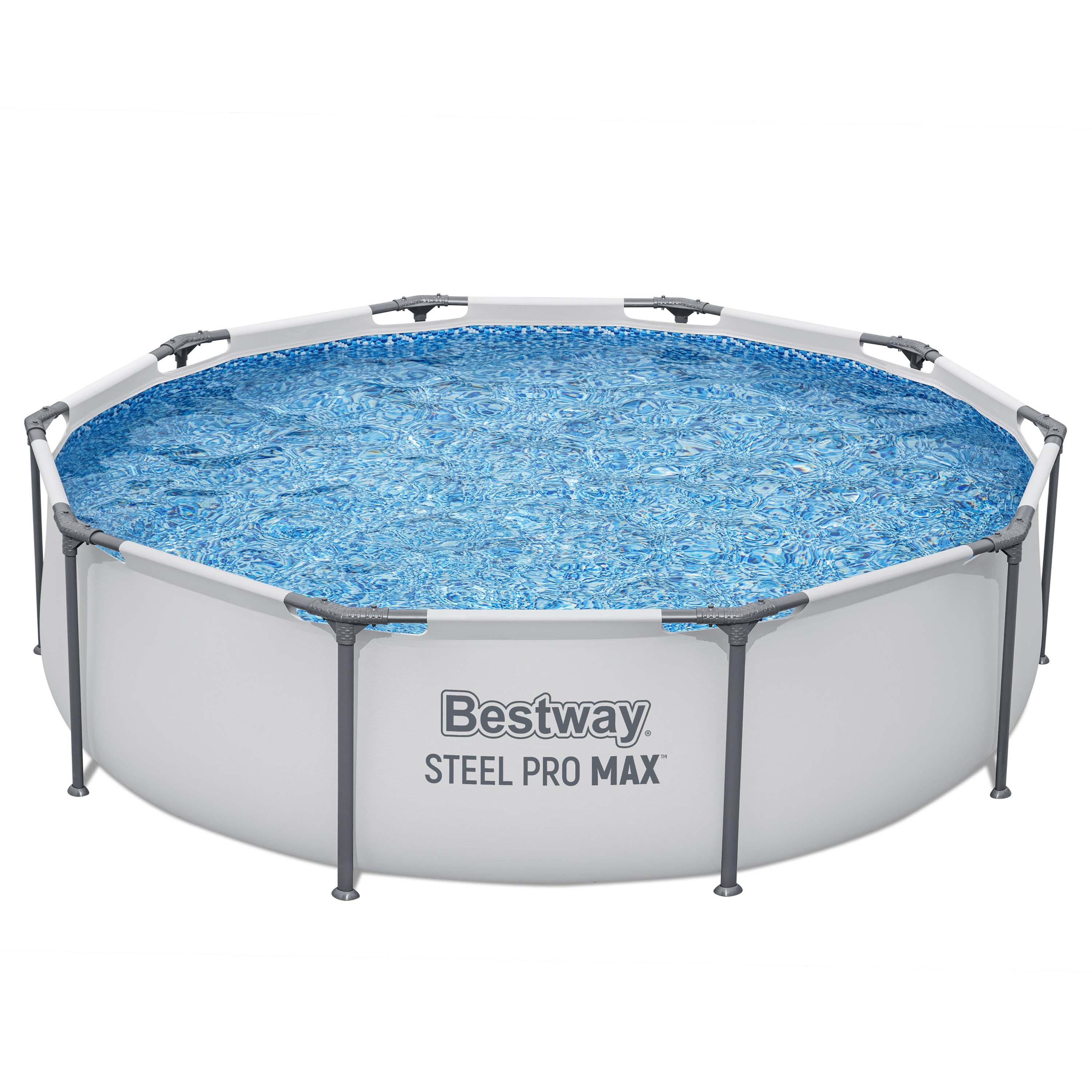 Okrągły basen stelażowy Bestway Steel Pro MAX wypełniony wodą.