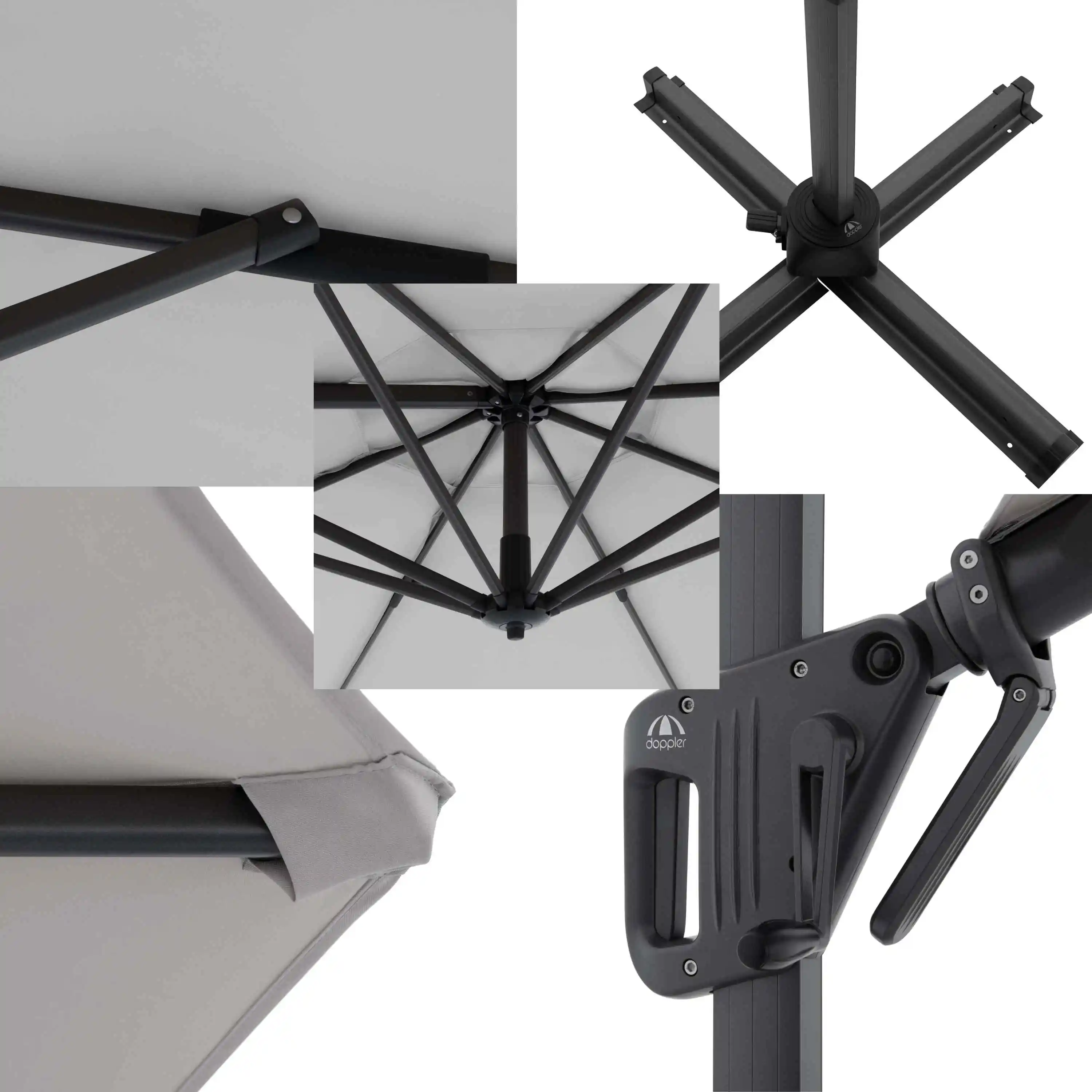 Parasol ogrodowy boczny LIFE 310 SIDE Jasnoszary Doppler - detale konstrukcji i mechanizmu otwierania