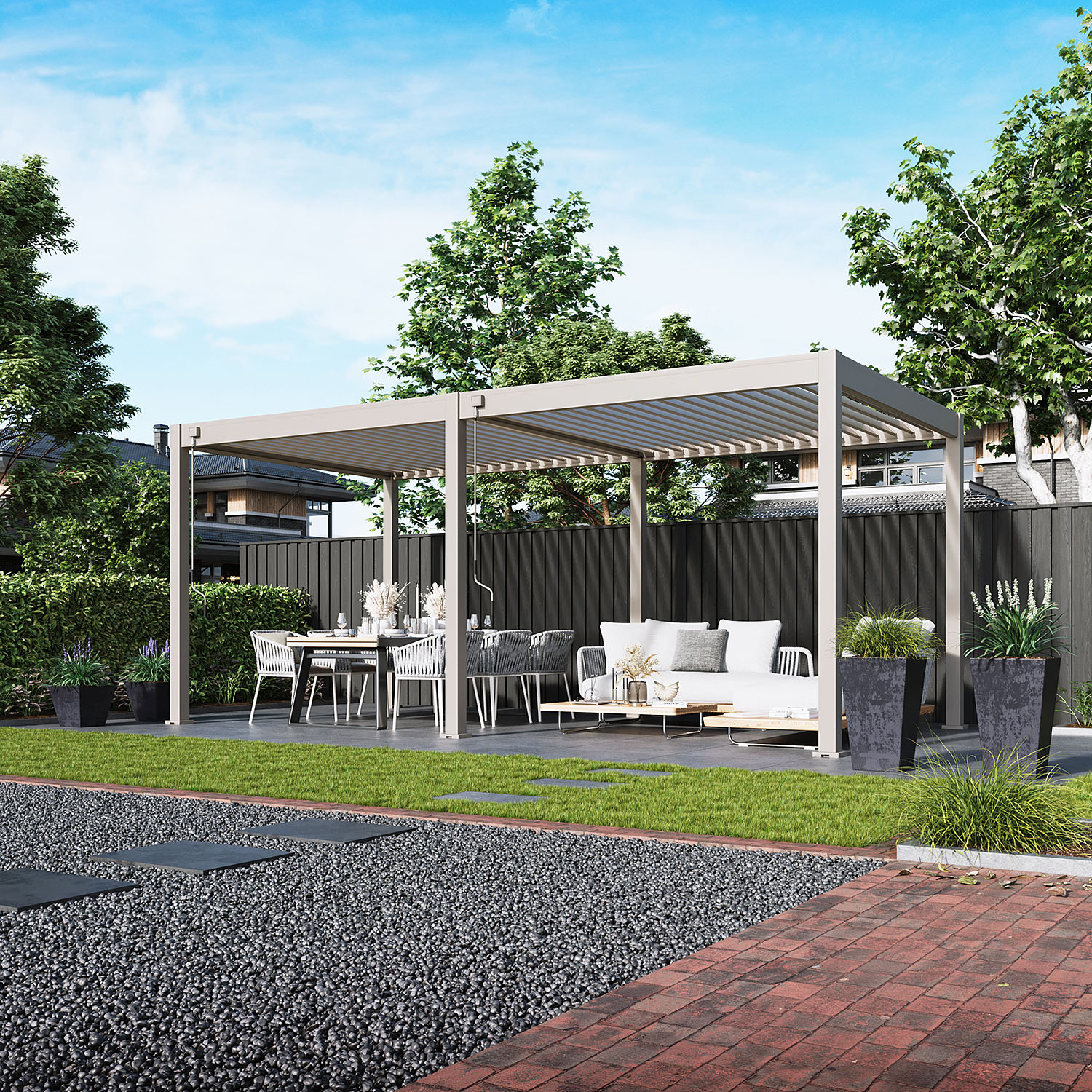 Pergola aluminiowa biała podwójna aranżacja ogrodowa z jadalnią i strefą wypoczynku
