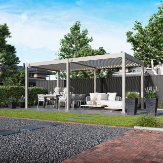 Pergola aluminiowa biała podwójna aranżacja ogrodowa z jadalnią i strefą wypoczynku