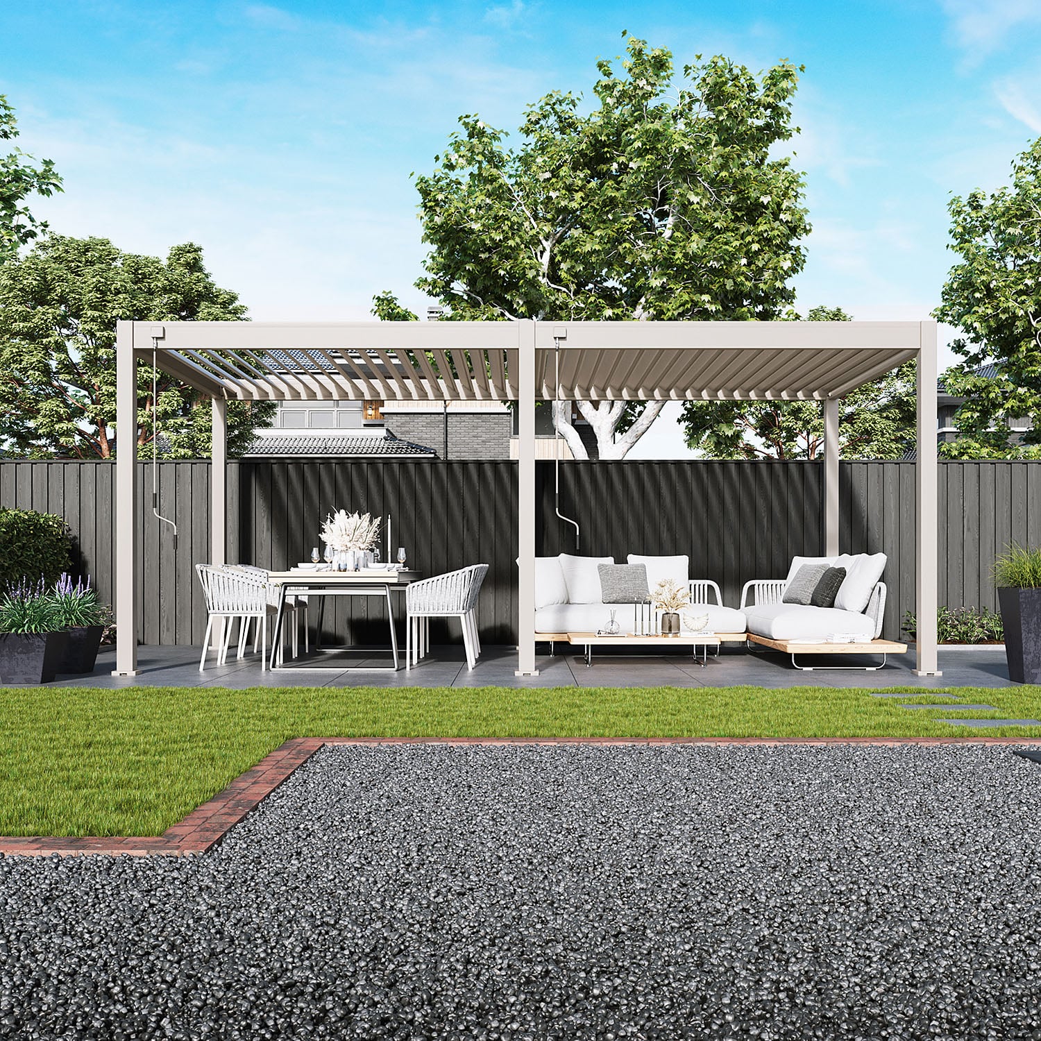 Pergola aluminiowa biała podwójna widok boczny aranżacja tarasu z zestawem ogrodowym
