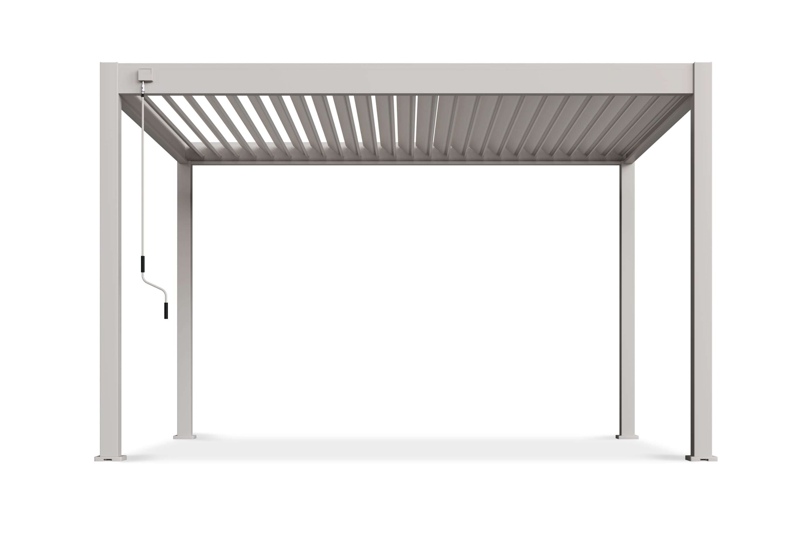 Pergola aluminiowa biała widok pod kątem konstrukcja z lamelami i systemem odprowadzania wody packshot