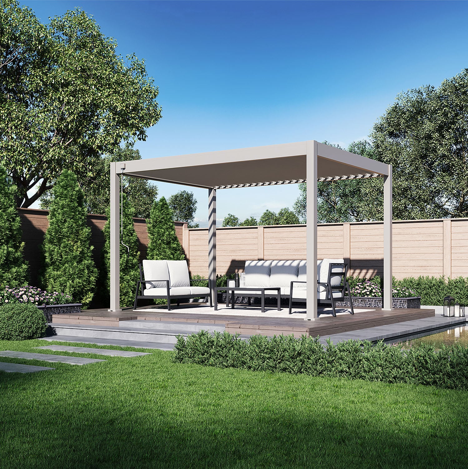 Pergola aluminiowa biała widok z boku z meblami ogrodowymi na podwyższonym tarasie aranżacja 