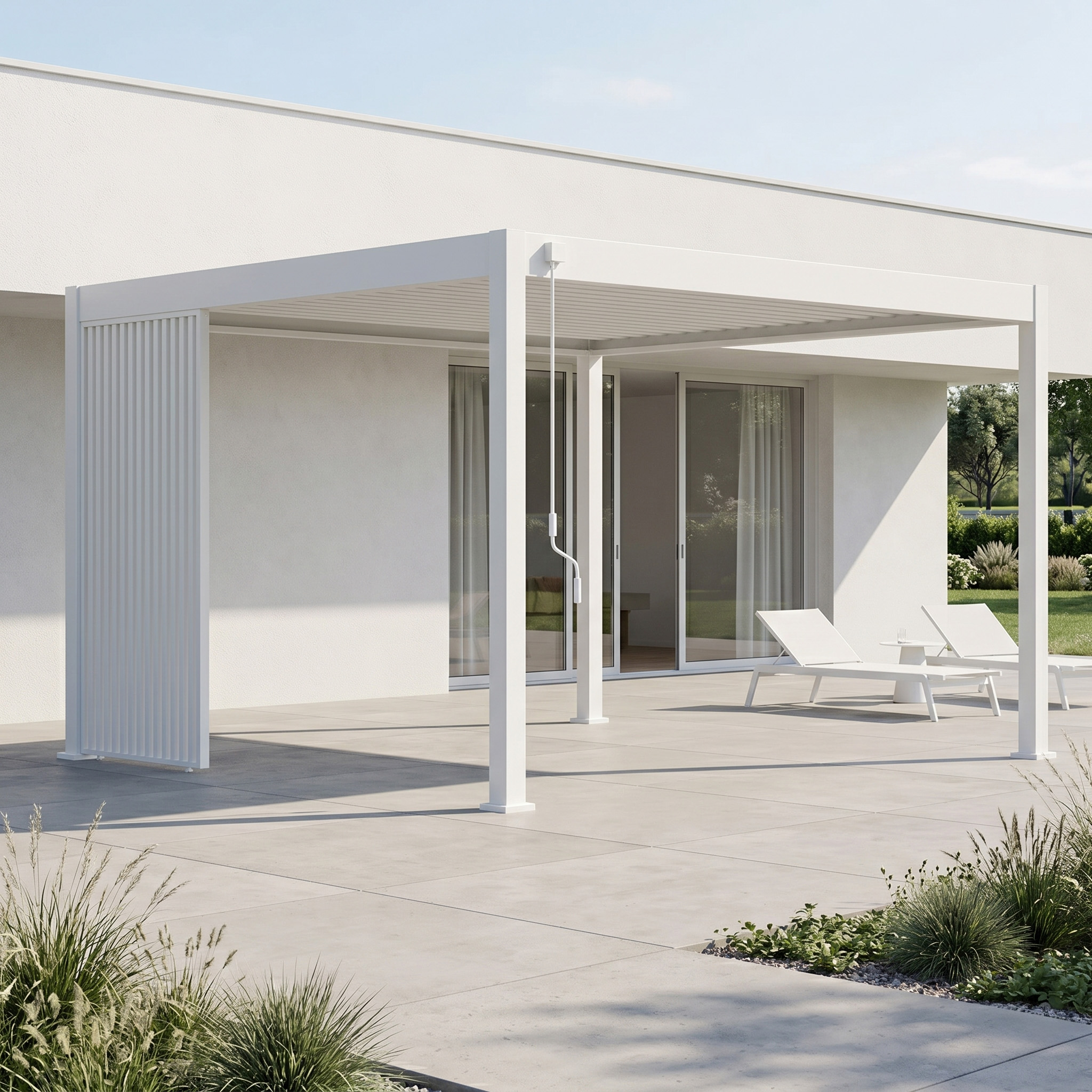 Pergola aluminiowa biała z panelem bocznym aranżacja tarasu minimalistyczny styl nowoczesny ogród
