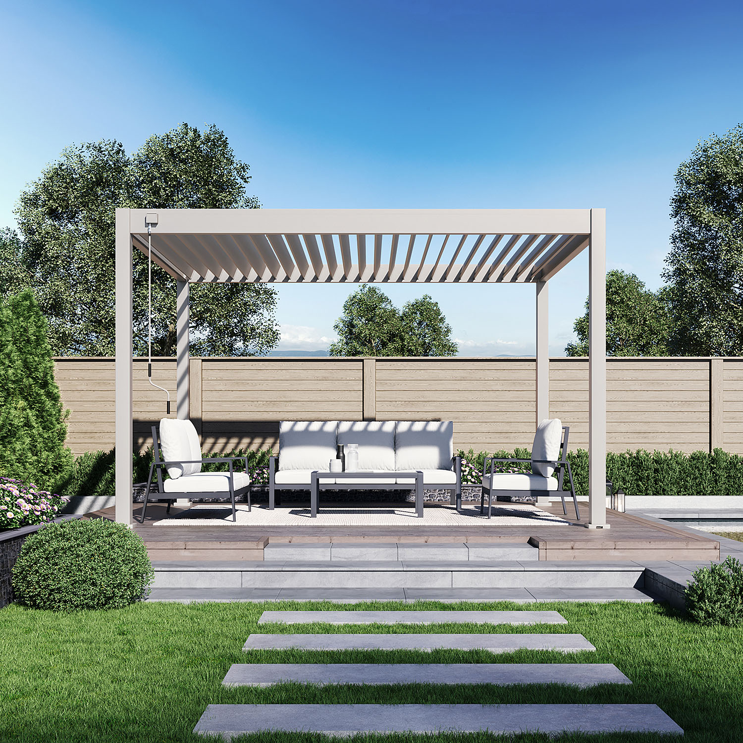 Pergola aluminiowa biała z regulowanymi lamelami na tarasie w ogrodzie aranżacja
