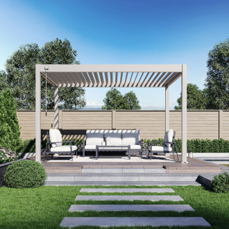 Pergola aluminiowa biała z regulowanymi lamelami na tarasie w ogrodzie aranżacja