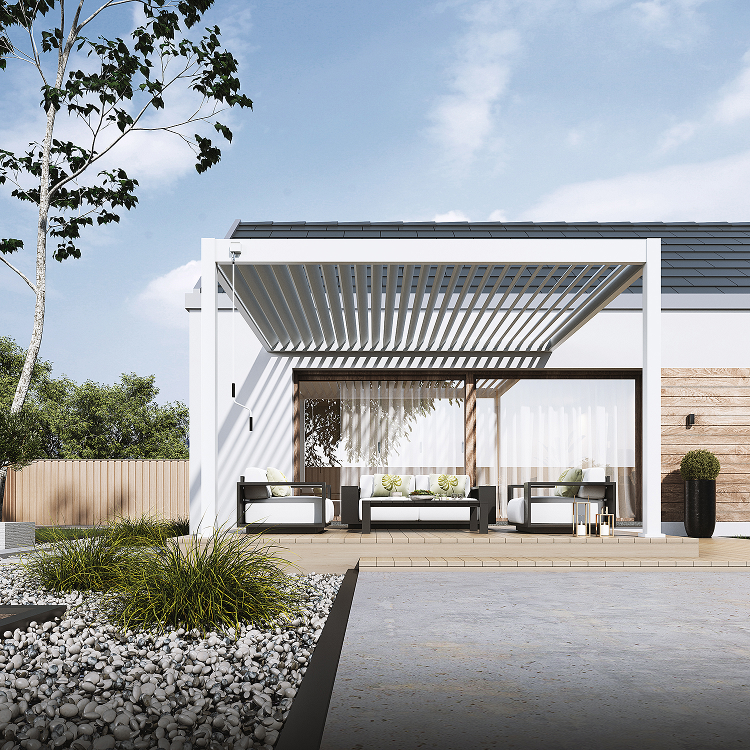 Widok od przodu na pergolę przyścienną Deluxe Wall 3.6x4m w aranżacji obok domu jednorodzinnego