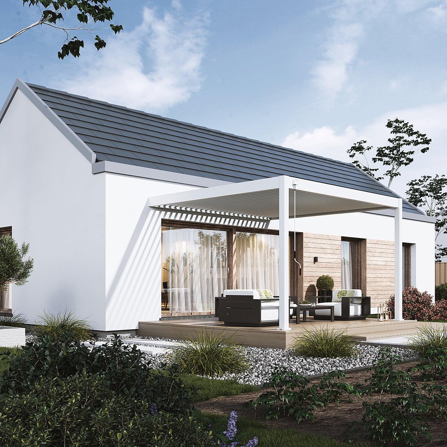 Aranżacja nowoczesnej pergoli Deluxe Wall o rozmiarze 3,6x4m w kolorze białym zamontowanej do ściany nowoczesnego domu jednorodzinnego