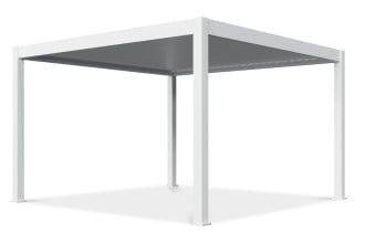 Pergola aluminiowa widziana pod kątem, z wyraźnie widocznym zadaszeniem lamelowym.