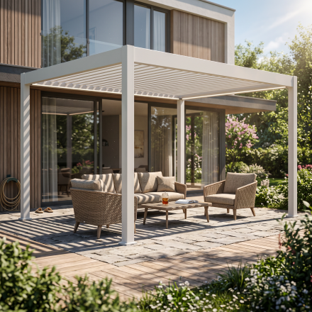 Pergola automatyczna ELEGANCE AUTOMATIC 3x4 z oświetleniem LED White - Gutroof — aranżacja