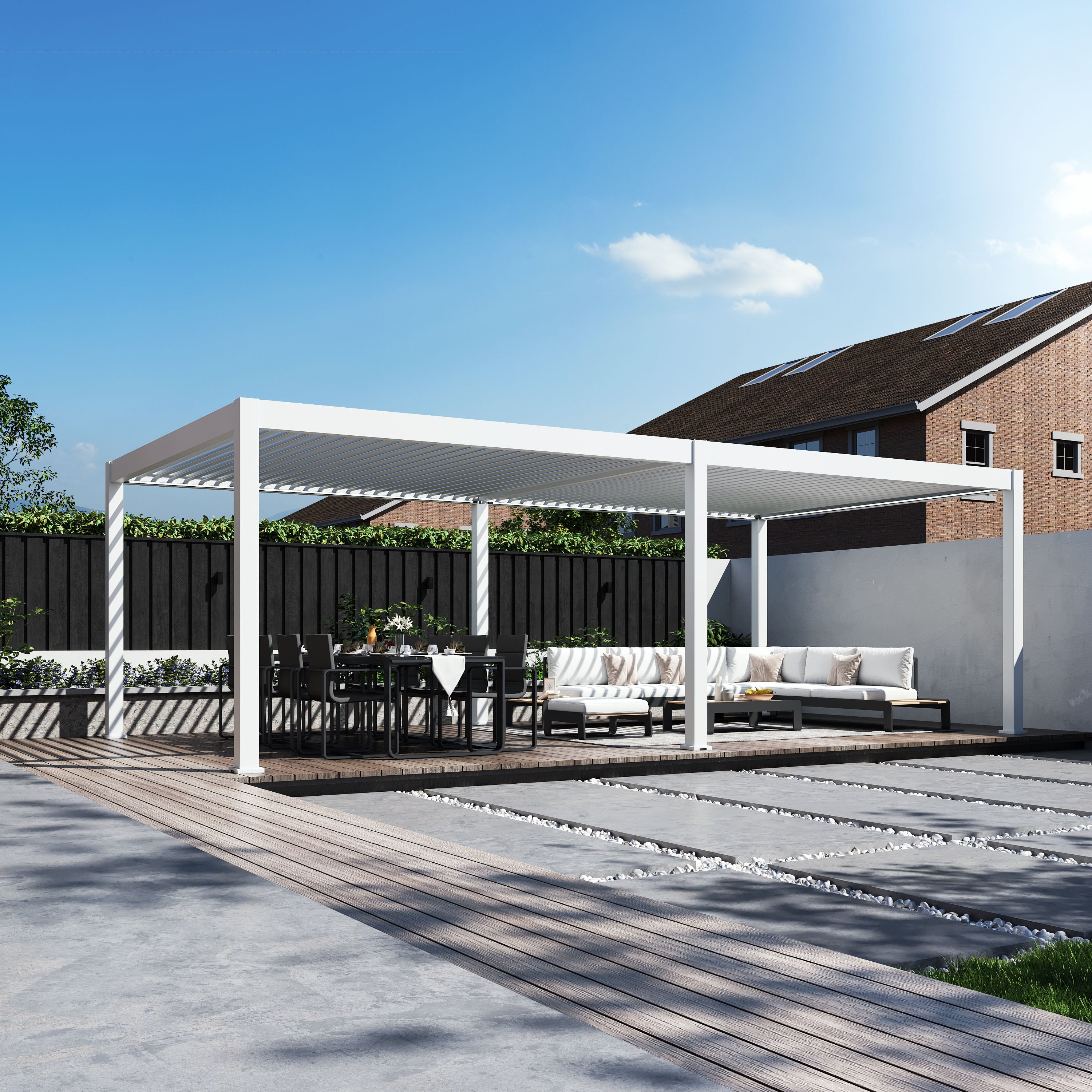 Duża pergola aluminiowa Deluxe Pro Automatic 4x8 w kolorze białym ustawiona na nowoczesnym tarasie