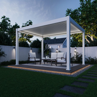 Aranżacja pergoli elektrycznej tarasowej DELUXE PRO AUTOMATIC 3x4 z oświetleniem LED, White - Gutroof