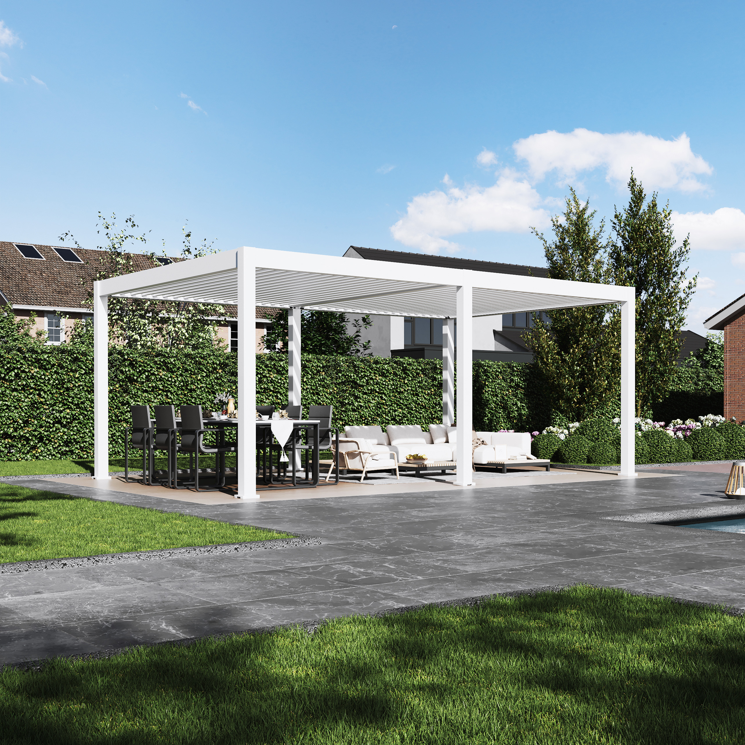 Aranżacja w letni dzień dużej pergoli aluminiowej Deluxe Pro Automatic 4x6