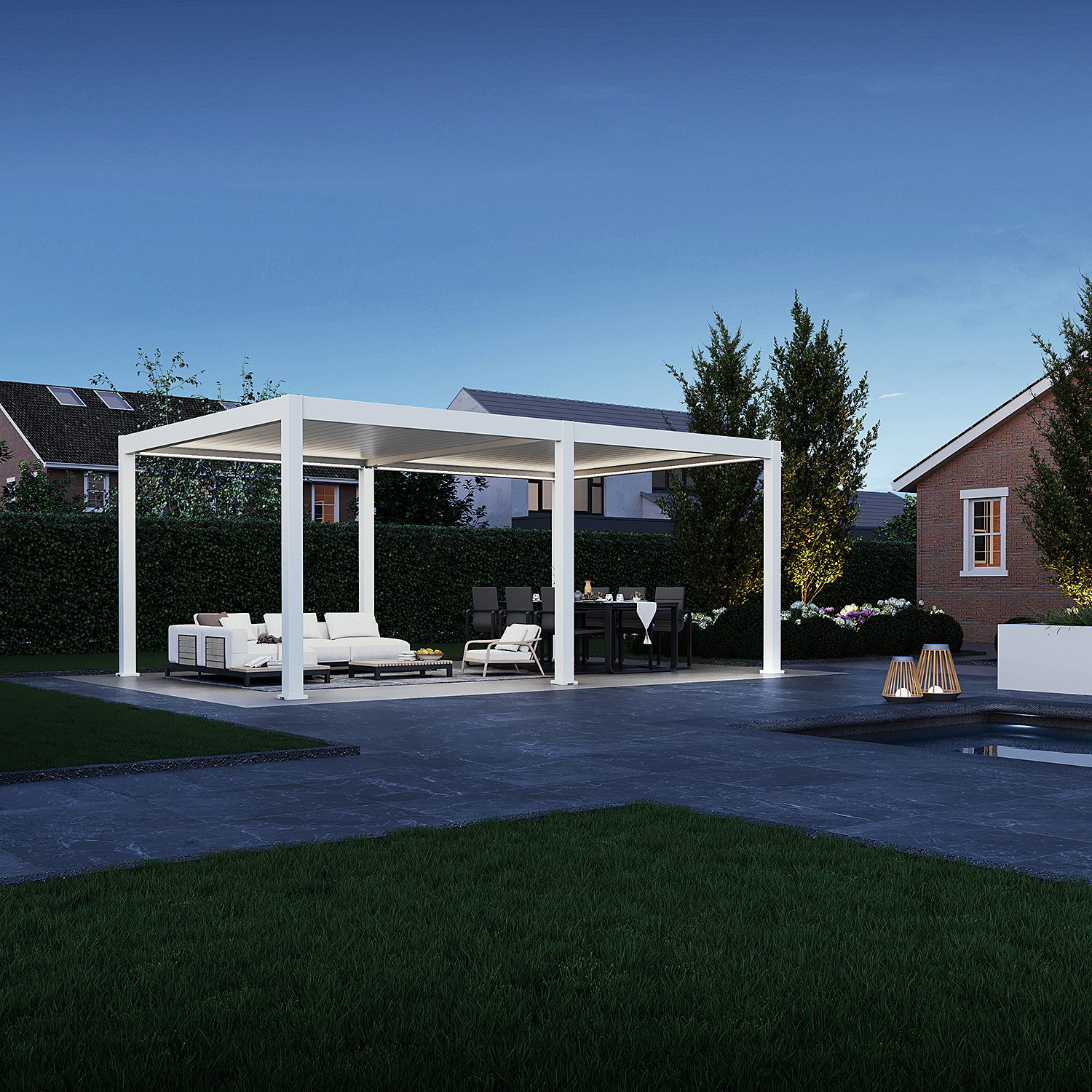 Pergola Deluxe Pro Automatic wieczorem, oświetlenie LED pergoli tworzy klimatyczny na strój na tarasie