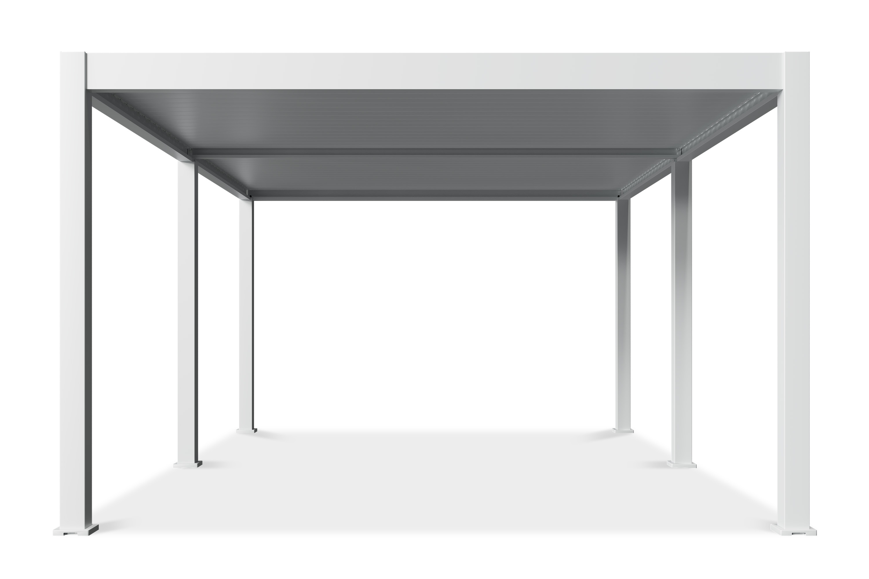 Pergola z lamelowym dachem widziana od frontu, z wyraźnie widoczną podwójną szerokością konstrukcji.
