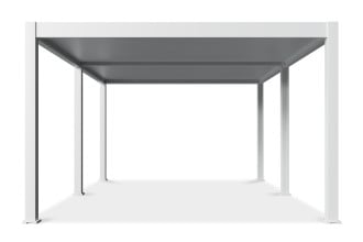 Pergola z lamelowym dachem widziana od frontu, z wyraźnie widoczną podwójną szerokością konstrukcji.