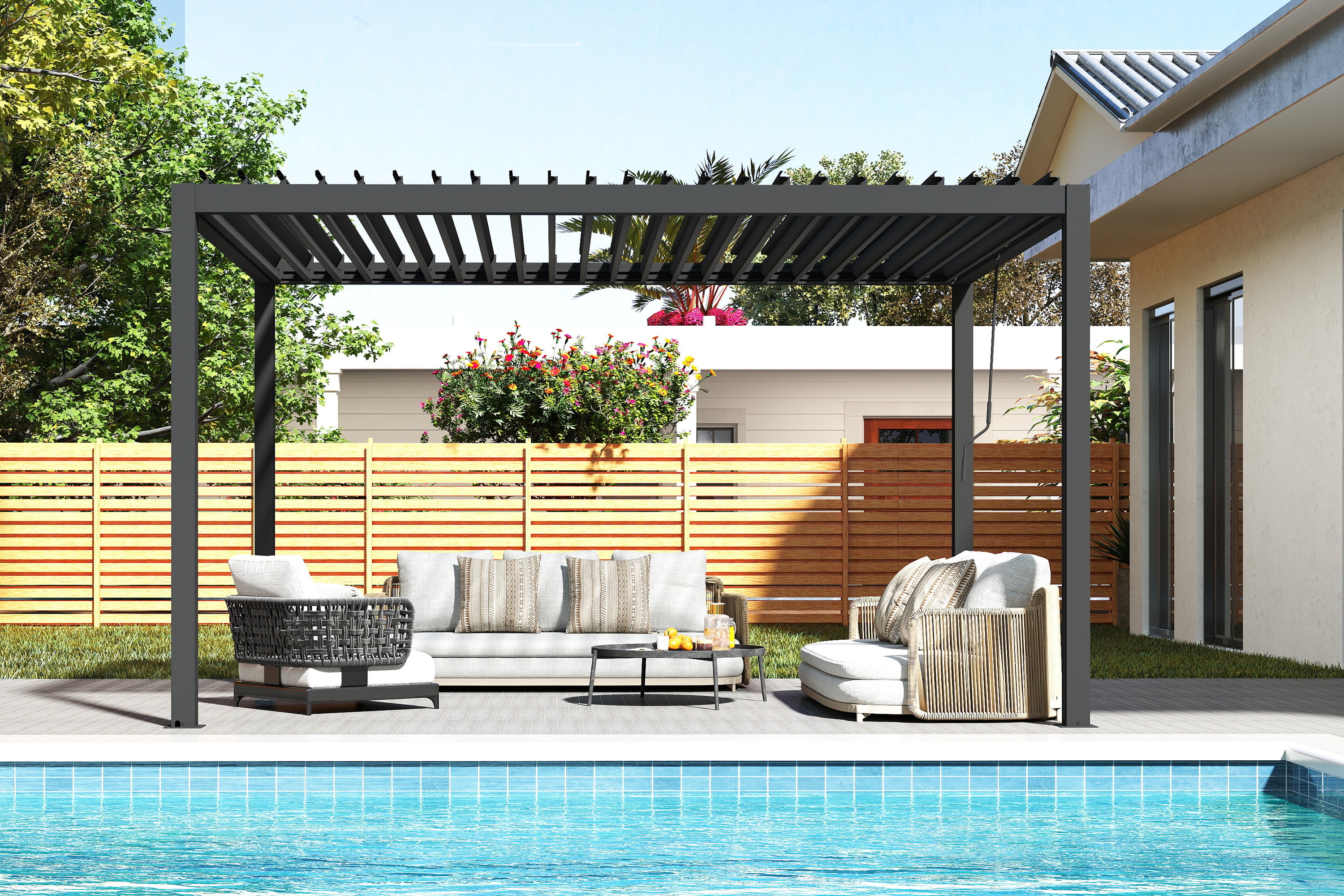 Antracytowa pergola ogrodowa tarasowa 3x4 PRIMARY Gutroof ustawiona nad kompletem wypoczynkowym przy basenie w ogrodzie