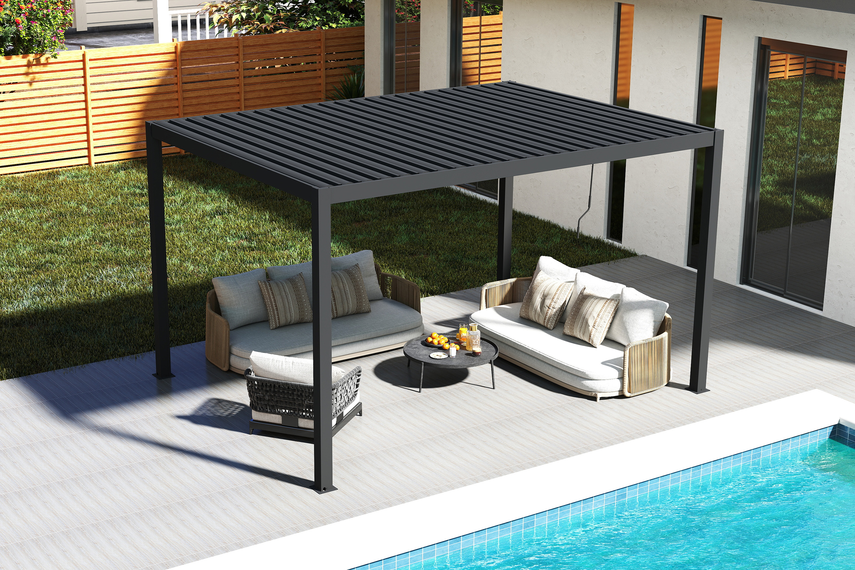 Pergola ogrodowa tarasowa 3x4 PRIMARY Anthracite Gutroof w aranżacji nad basenem z kompletem wypoczynkowym na tarasie