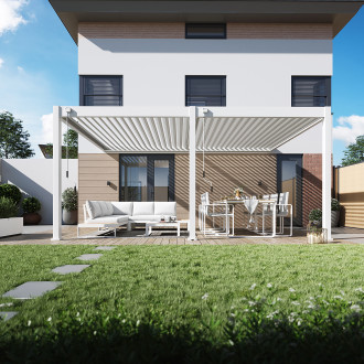 Widok od przodu na odporną na niekorzystne warunki atmosferyczne pergole przyścienną Deluxe Wall o wymiarach 3.6x5.3m w kolorze białym w tle nowoczesny dom