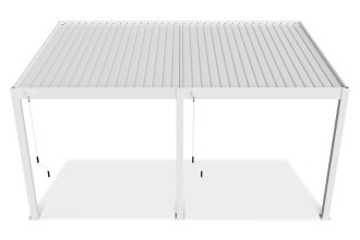 Widok od g&oacute;ry na dużą pergolę ogrodową Deluxe Wall 3.6x5.3m, lamelowa konstrukcja dachu zapewnia zmianę ilości wpadającego światła przez dach pergoli