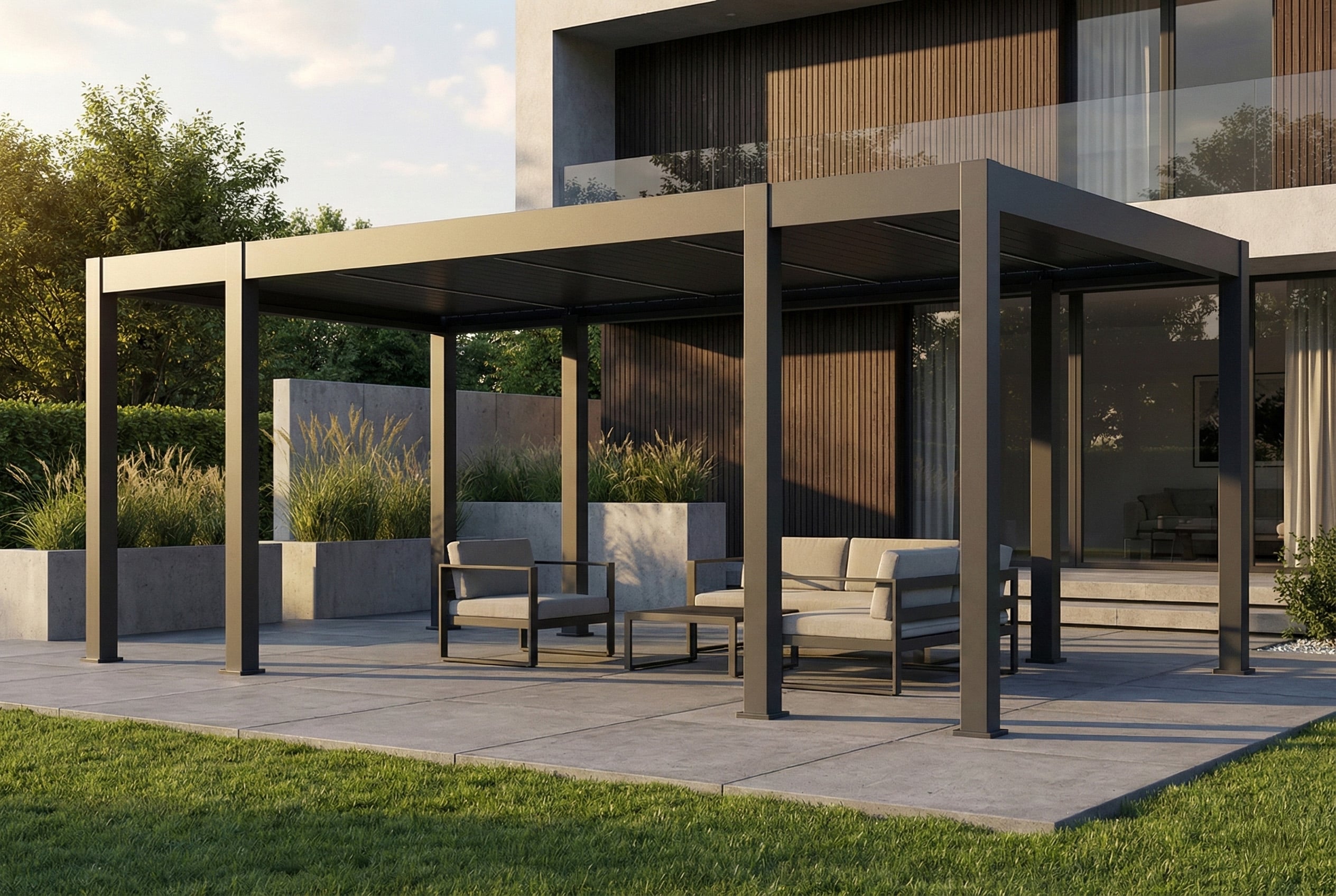 Pergola tarasowa REFERENCE AUTOMATIC Anthracite z kompletem mebli wypoczynkowych na tarasie