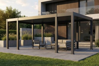 Pergola tarasowa REFERENCE AUTOMATIC Anthracite z kompletem mebli wypoczynkowych na tarasie