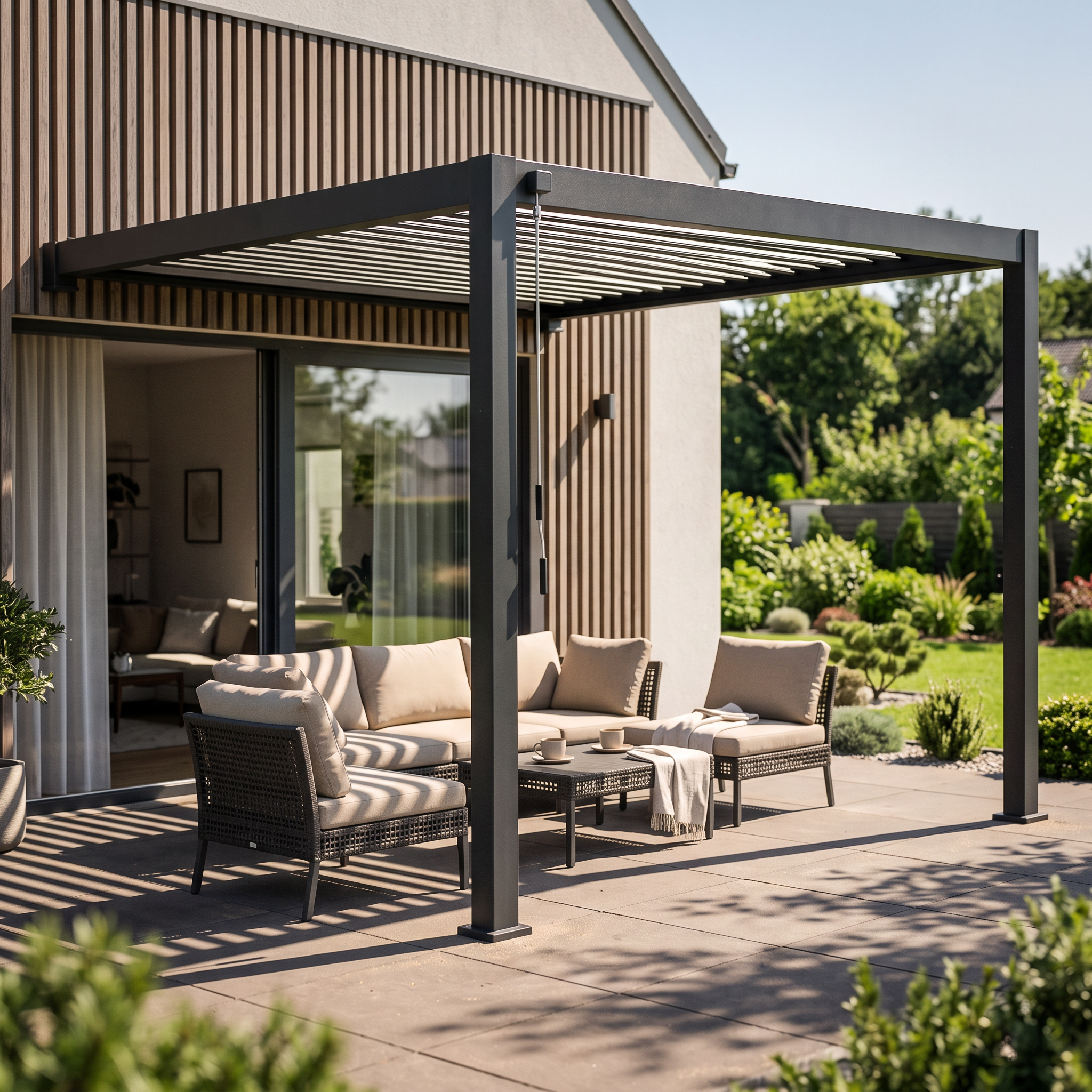 Pergola ścienna ogrodowa Premium Wall 3x4 Anthracite w aranżacji tarasowej z kompletem wypoczynkowym