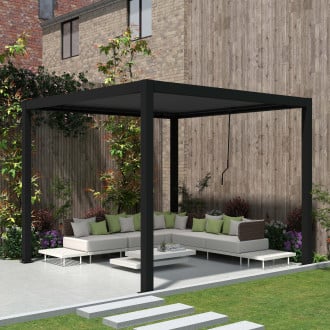 Pergola tarasowa 3x3 PRIMARY Anthracite Gutroof w aranżacji ogrodowej z narożnikiem wypoczynkowym na tle ceglanego budynku