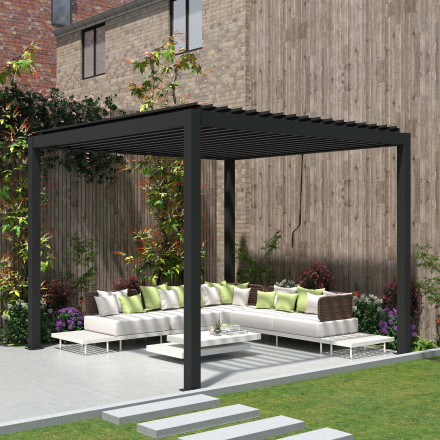 Pergola tarasowa 3x3 PRIMARY Anthracite Gutroof z nowoczesnym zestawem wypoczynkowym w ogrodowej aranżacji