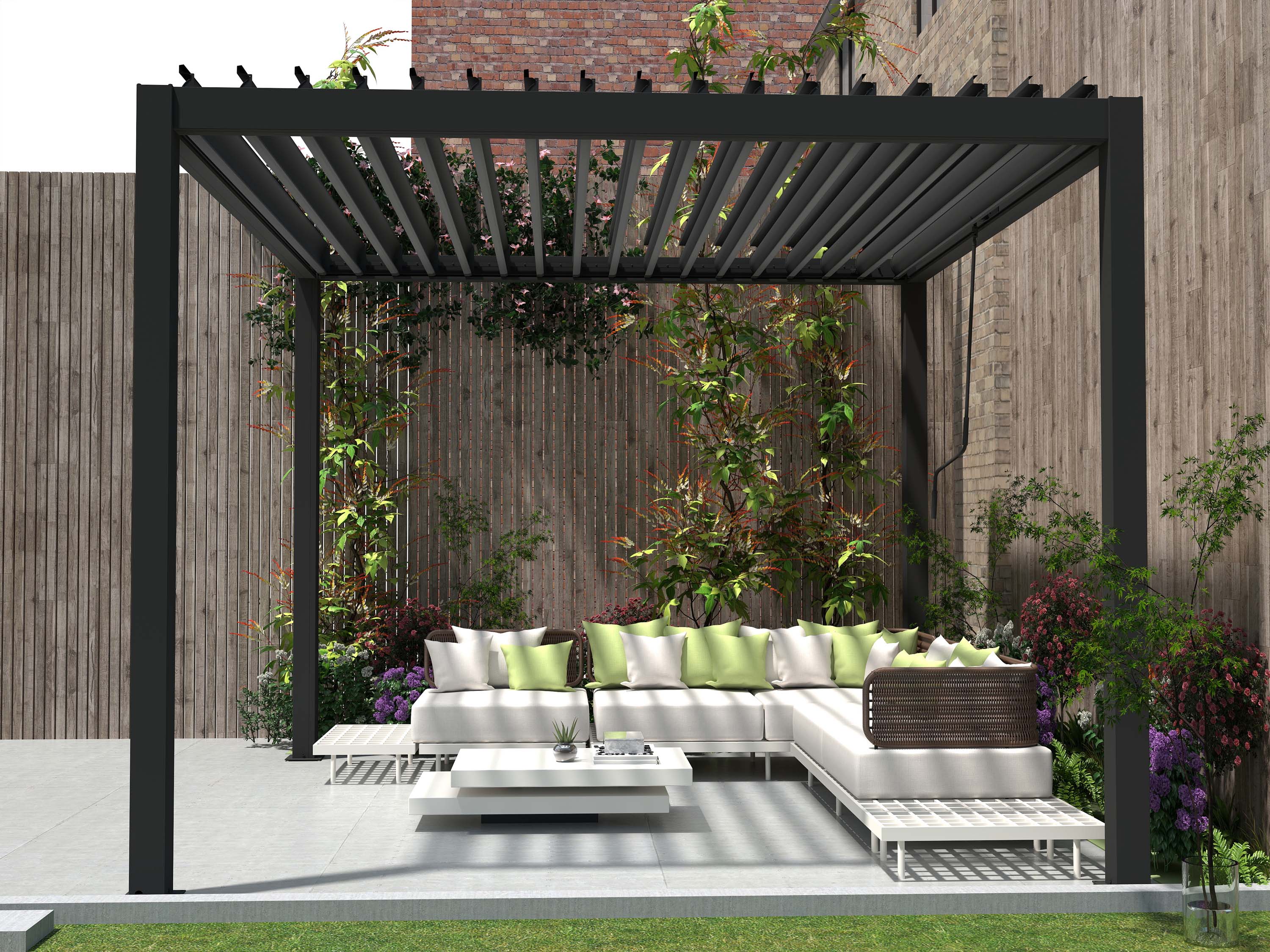 Antracytowa pergola tarasowa 3x3 PRIMARY Gutroof z narożnym zestawem wypoczynkowym na nowoczesnym zadaszonym patio