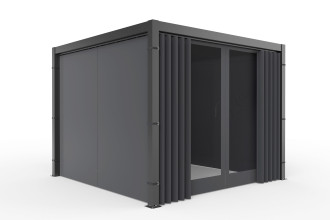 Pergola tarasowa aluminiowa z zasłonami bocznymi widok narożny packshot produktu