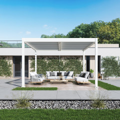 Pergola tarasowa ELEGANCE DUO 4x4 White - Gutroof wkomponowana w ogrodową przestrzeń wypoczynkową.