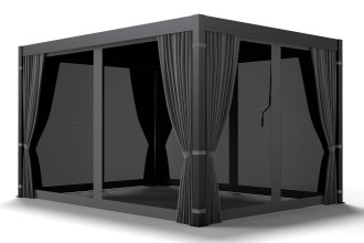 Pergola tarasowa z moskitierą i zasłonami bocznymi widok narożny packshot produktu 